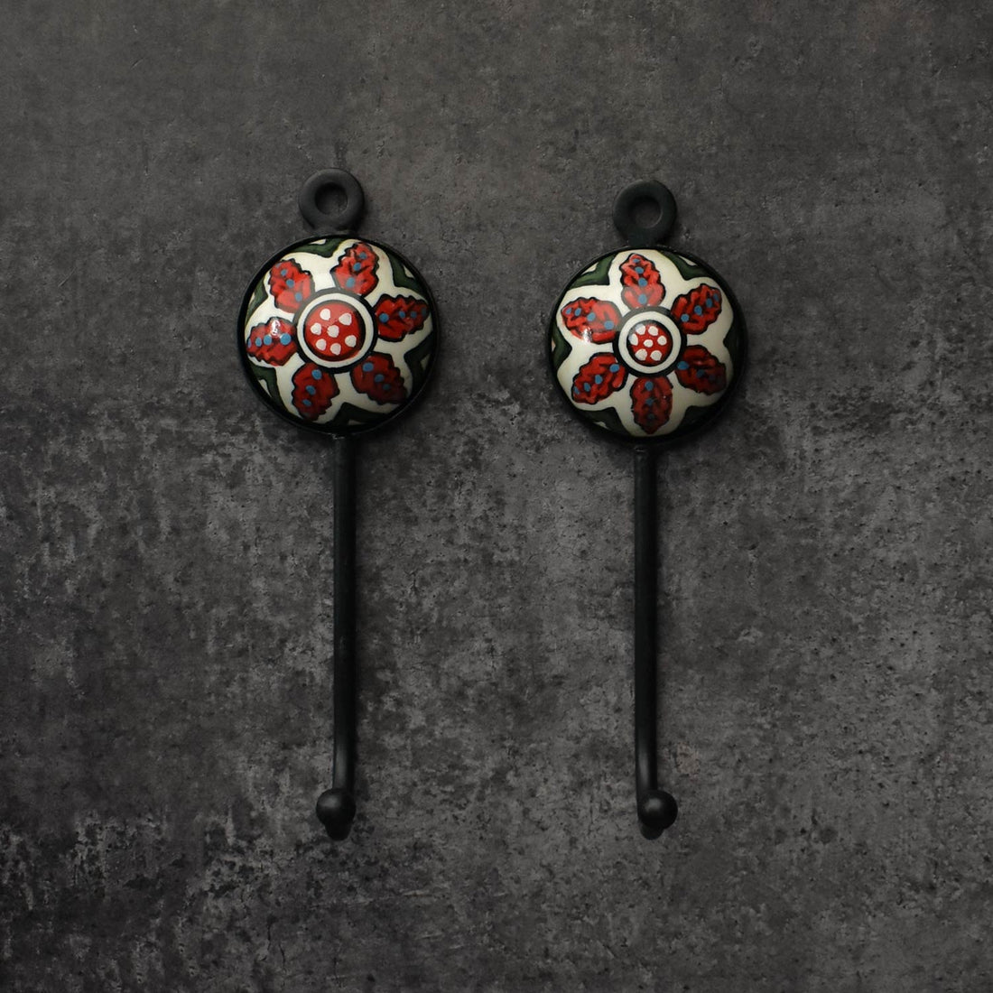 Ruby Red Floral Ceramic Coat Wall Hook and Keys Hanger