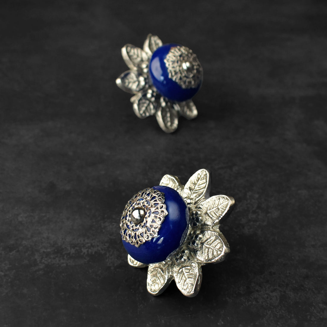 Ivera Navy Ceramic Knob with Silver Backplate