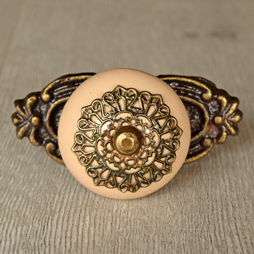 Djembe Beige Filigree Ceramic Cupboard Knob with Backplate