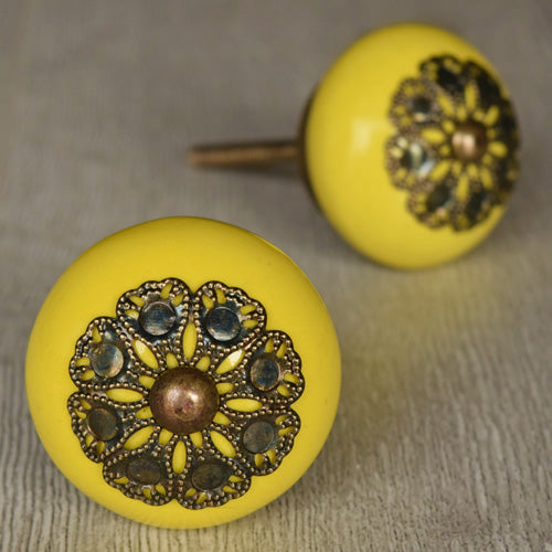 Tyrian Filigree Yellow Ceramic Cabinet Drawer Knob