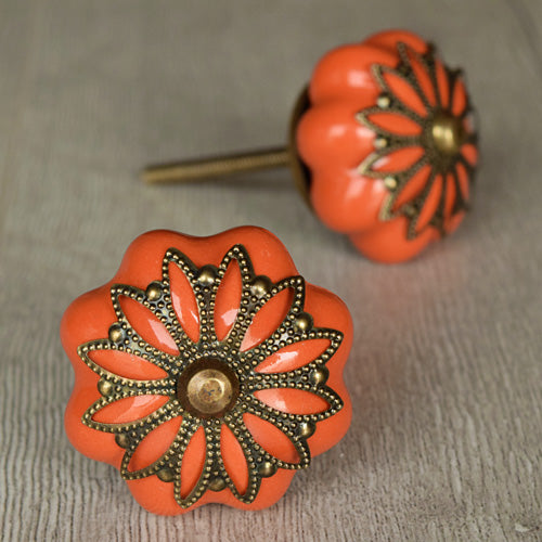 Nebulian Filigree Orange Ceramic Cabinet Drawer Knob