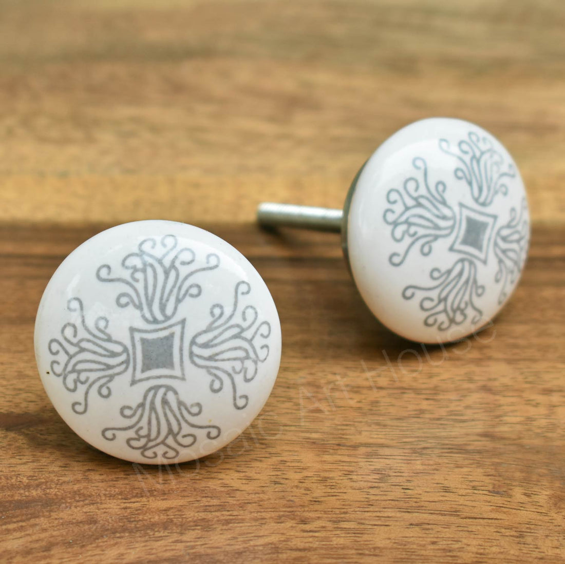 Pewter Floral Ceramic Cupboard and Cabinet Door Knob