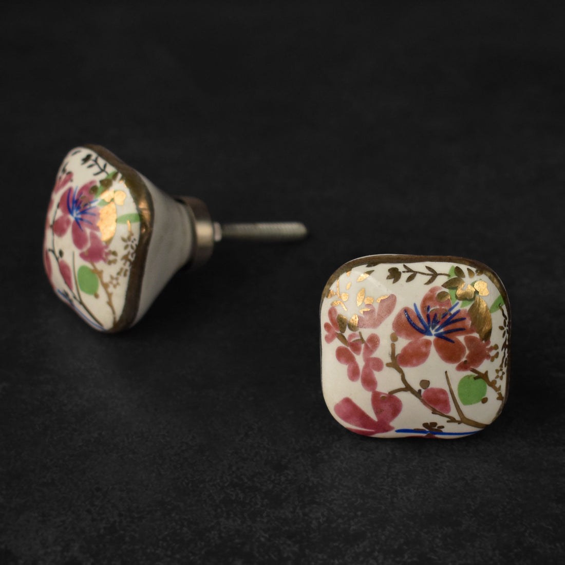 Pink Blossom Gold Ceramic Cupboard and Cabinet Door Knob