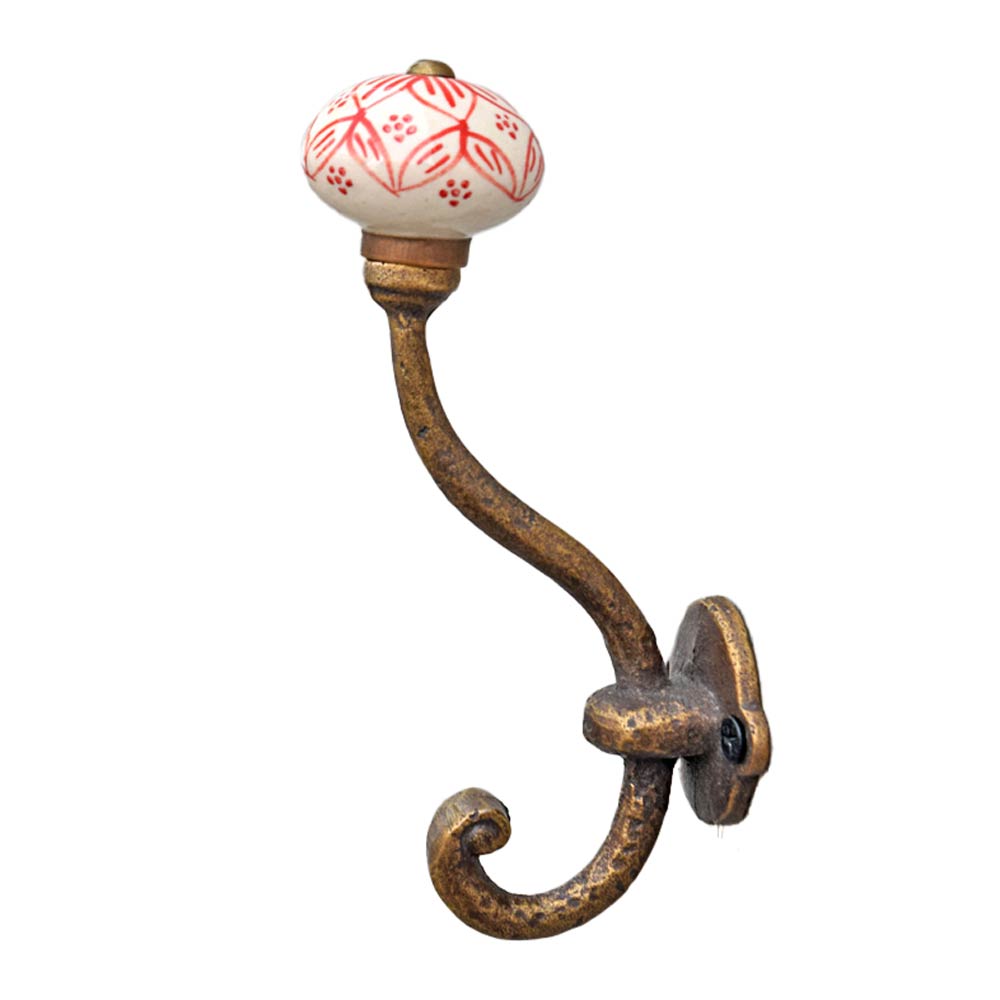 Volos Cast Iron Red Floral Ceramic Knob Coat Wall Hook