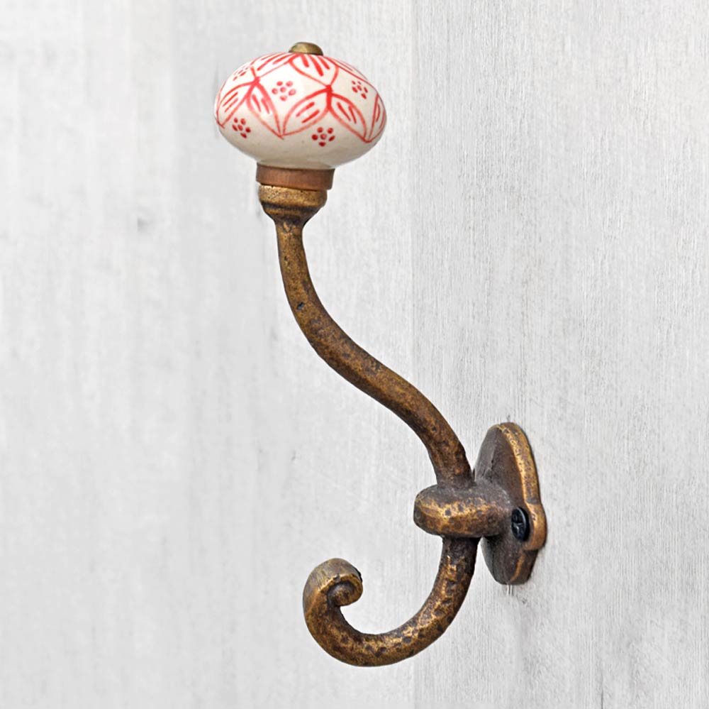 Volos Cast Iron Red Floral Ceramic Knob Coat Wall Hook