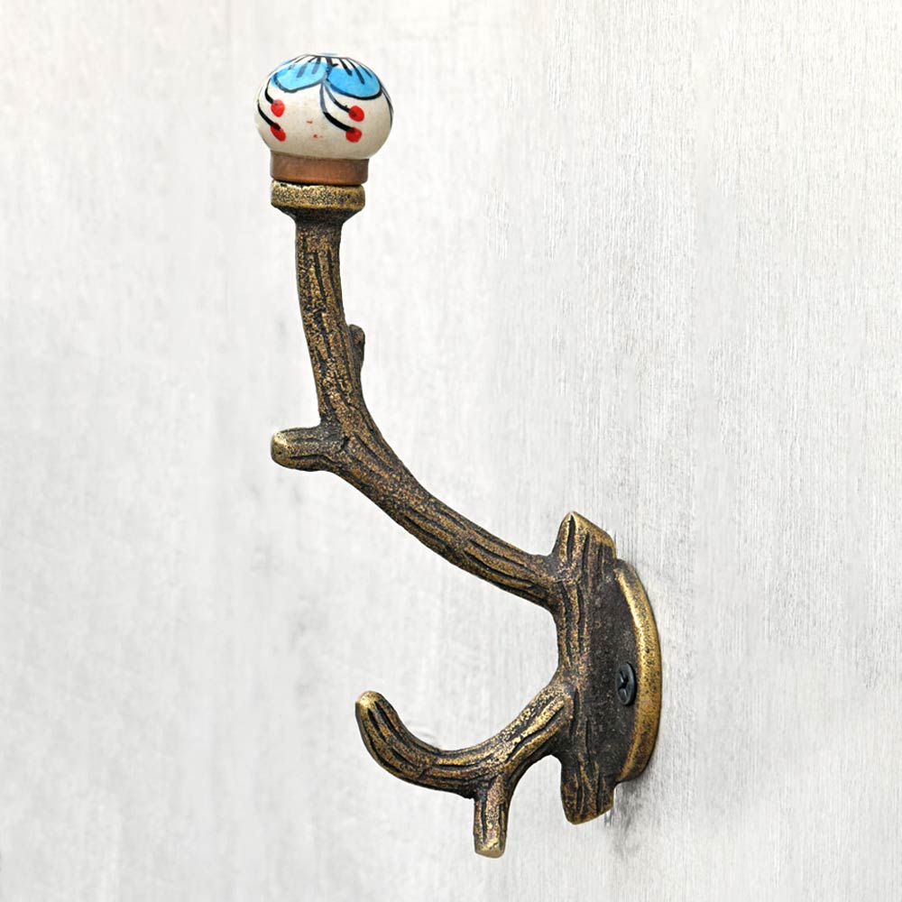Sequoia Cast Iron Blue Floral Ceramic Knob Coat Wall Hook