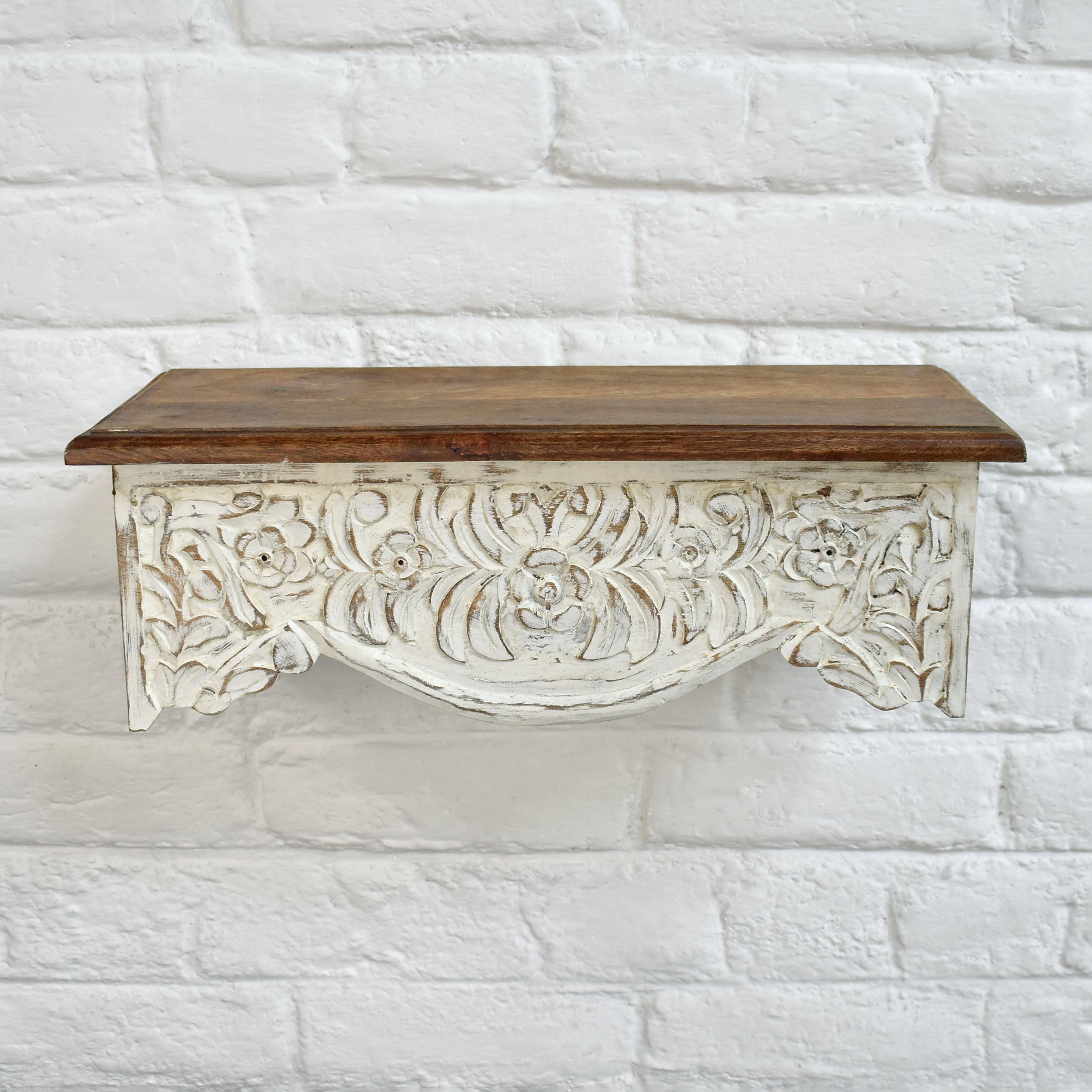 Avira White Carved Wooden Wall Shelf