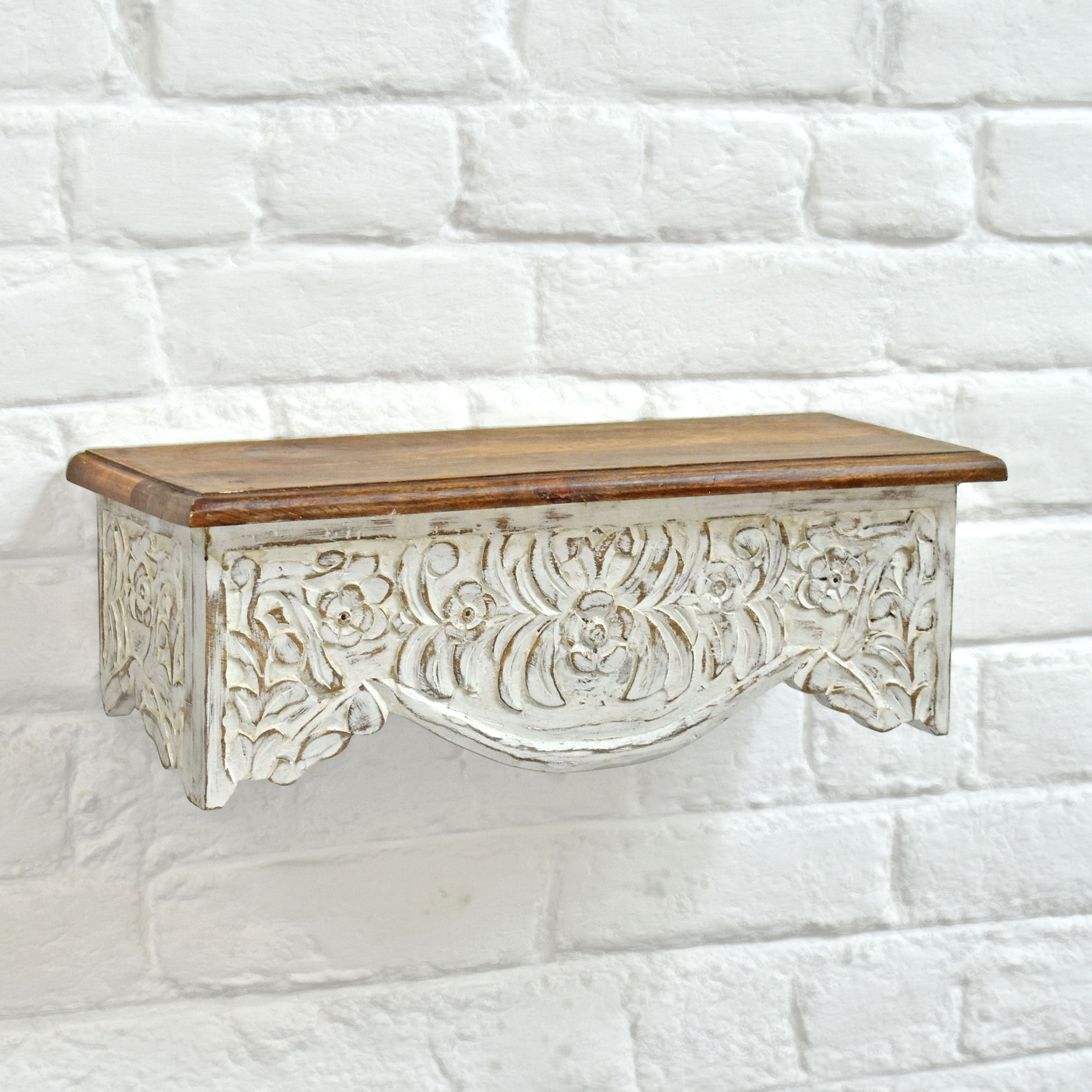 Avira White Carved Wooden Wall Shelf