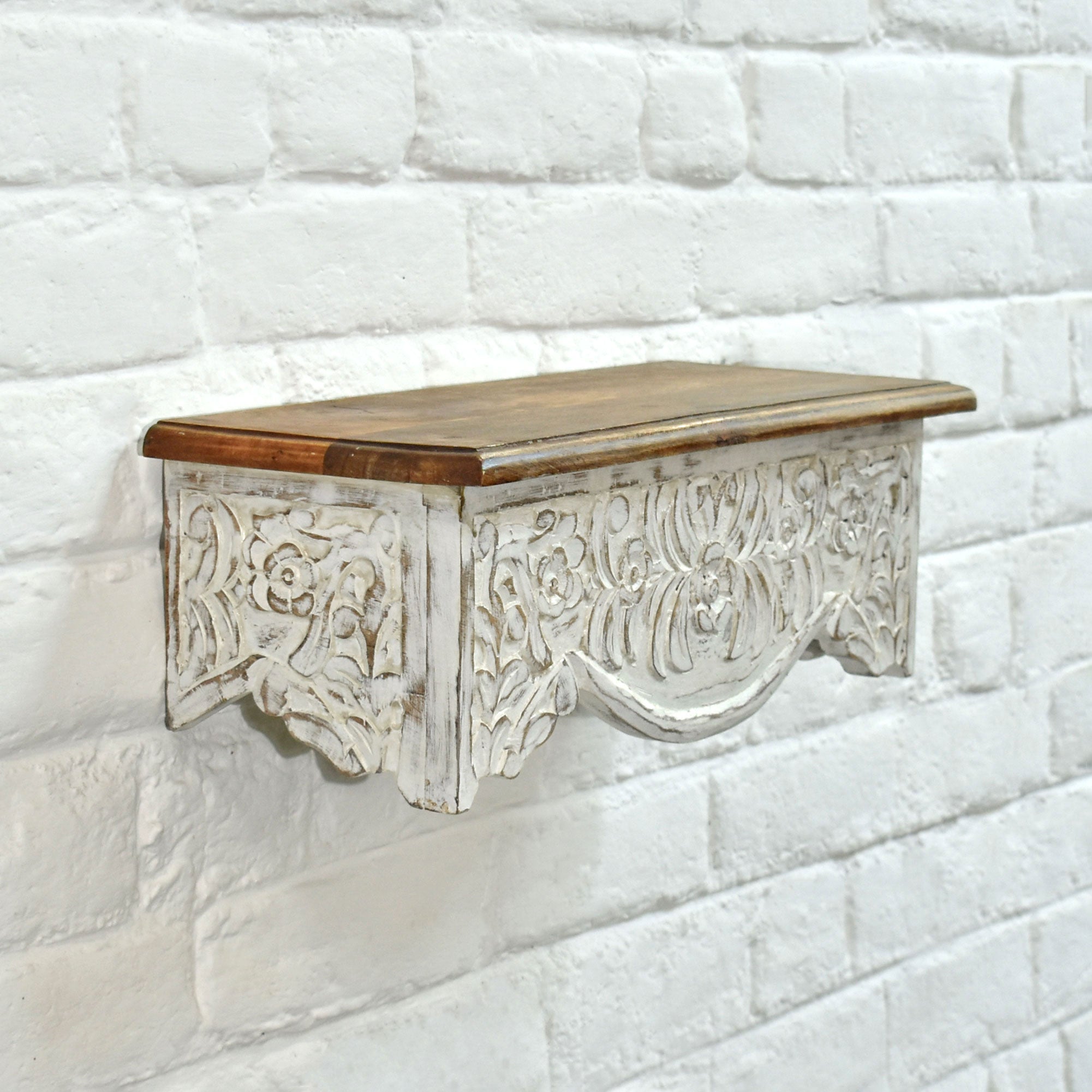 Avira White Carved Wooden Wall Shelf
