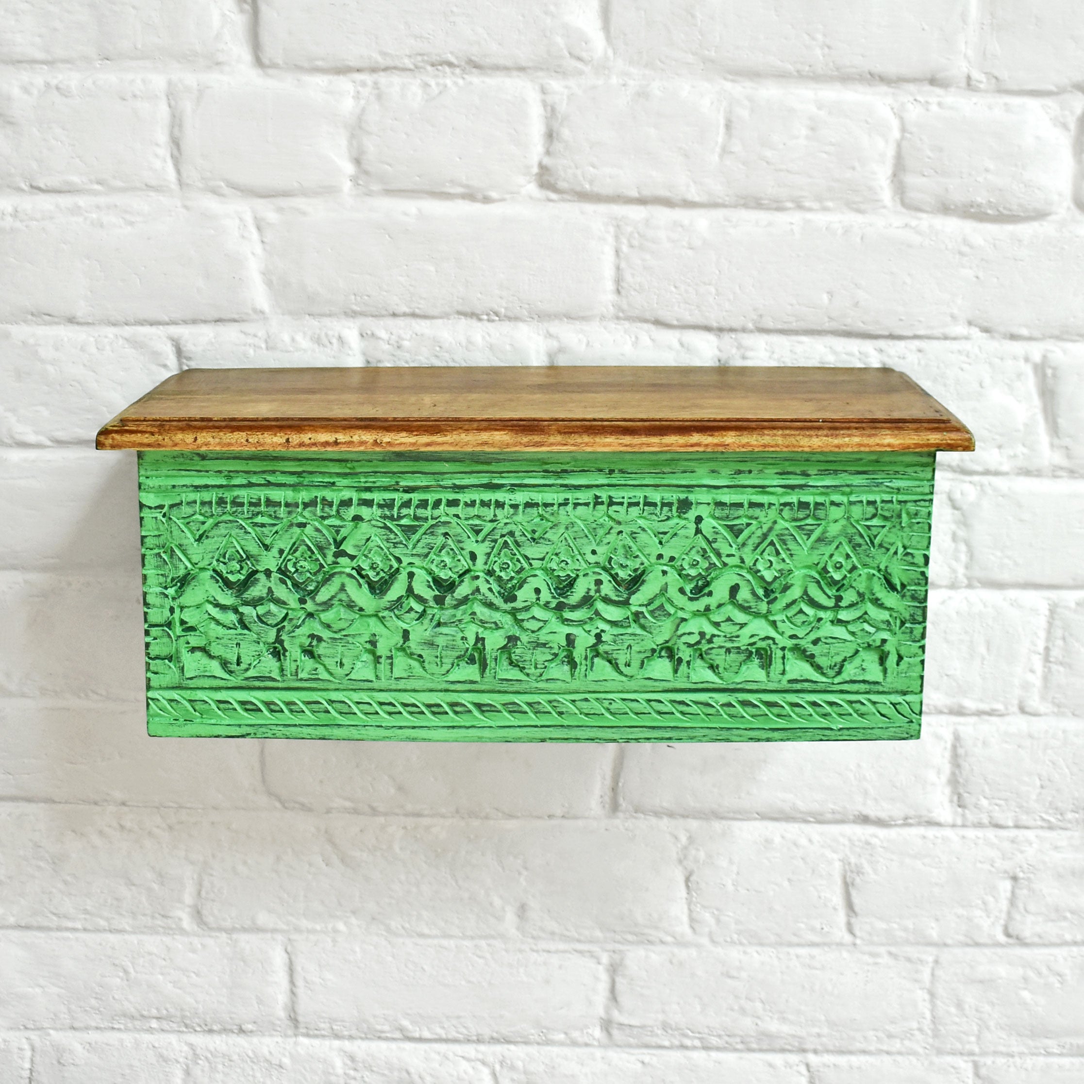 Svarna Green Carved Wooden Wall Shelf