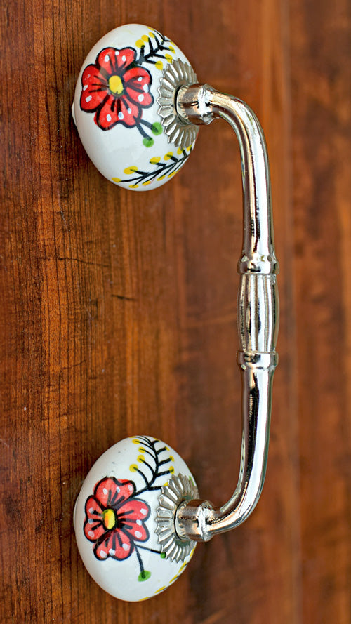 Myrtle Red Floral Embossed Ceramic Knob Silver Door Handle