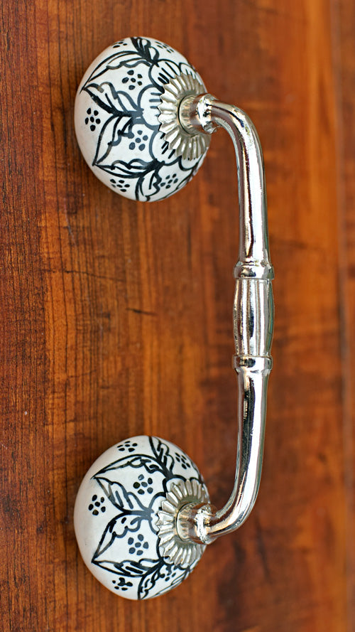 Joshua Black Floral Ceramic Knob Silver Door Handle and Pull