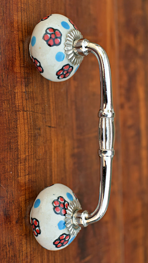 Placid Floral Ceramic Knob Silver Cabinet Door Handle and Pull