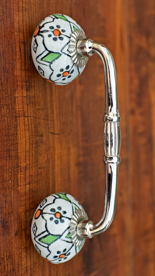 Erie Green Floral Ceramic Knob Silver Cabinet Door Handle and Pull