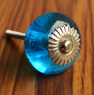 Uri Round Blue Glass Cabinet Door Knob and Pull