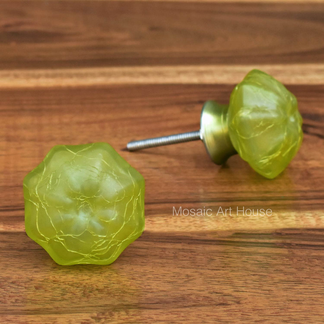 Peridot Crackled Glass Cabinet Door Knob and Pull