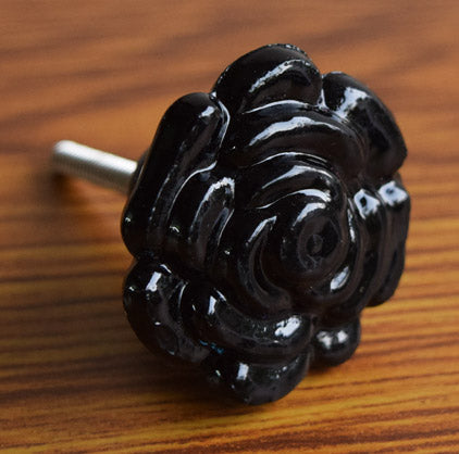 Phantom Black Rose Glass Cabinet Door Knob and Pull