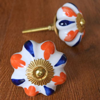 Phulkari Orange and Blue Ceramic Cupboard Door Knob