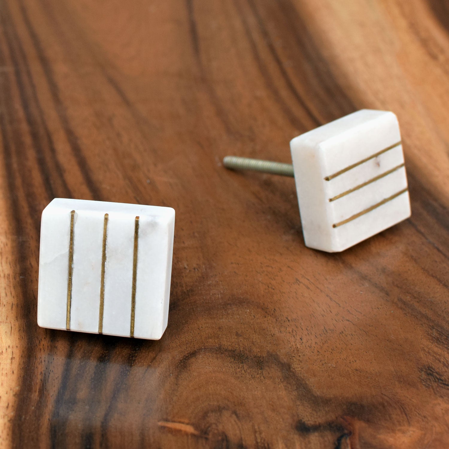White Stone Brass Pinstripe Dresser Drawer Knob