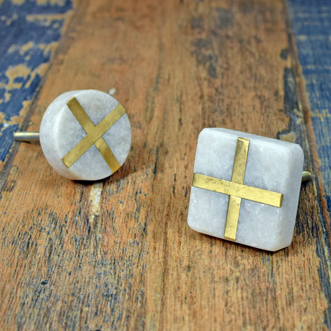 White Stone Brass Inlay Cupboard Cabinet Knob