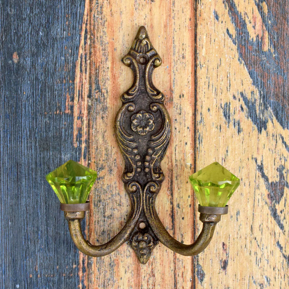 Toulouse Iron and Green Glass Coat and Towel Double Wall Hook