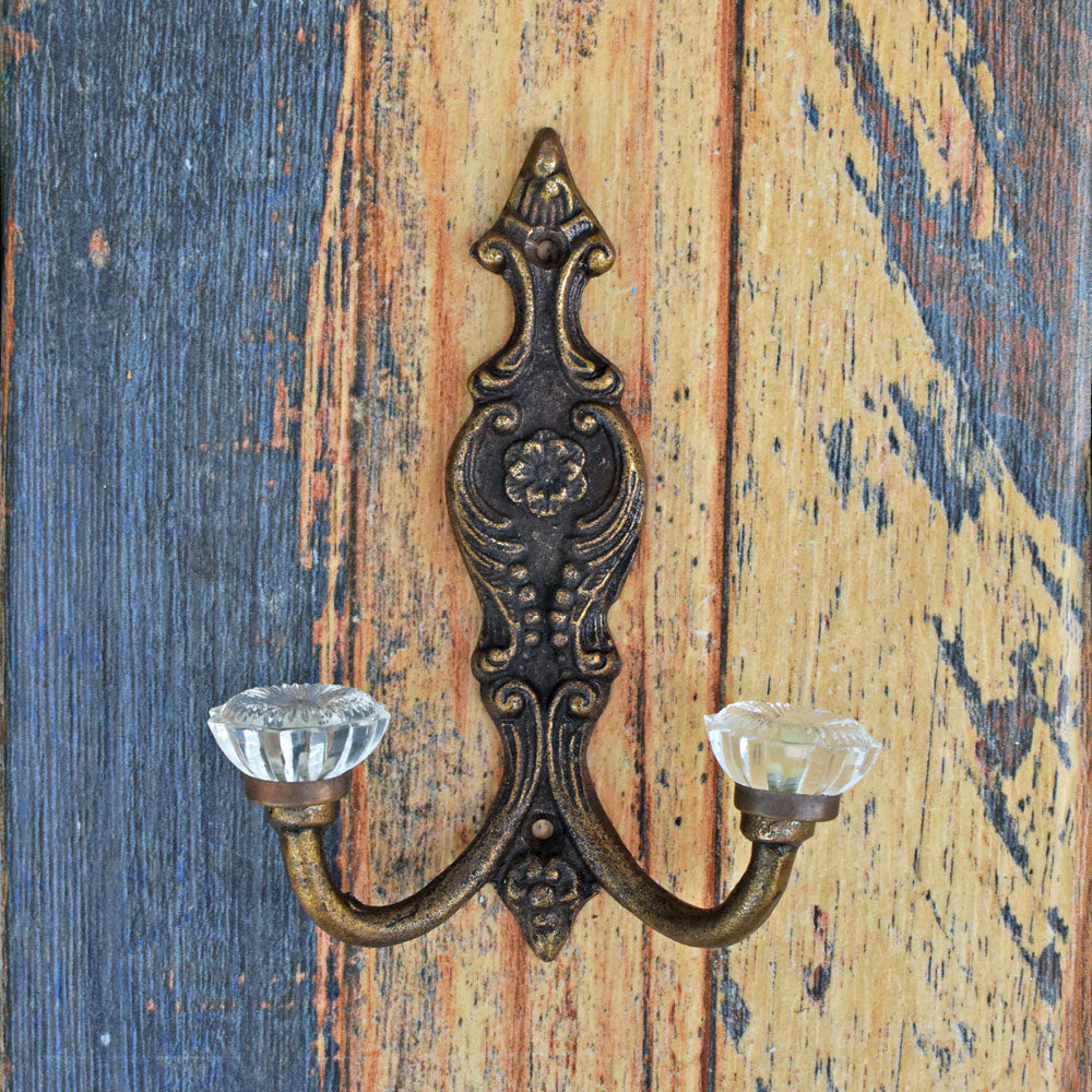 Toulouse Iron and Clear Glass Coat and Towel Double Wall Hook