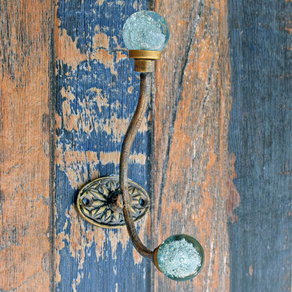 Barletta Iron and Aqua Bubble Glass Coat and Towel Wall Hook