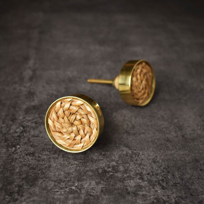 Koa Round Rattan Brass Cabinet Drawer Knob and Pull