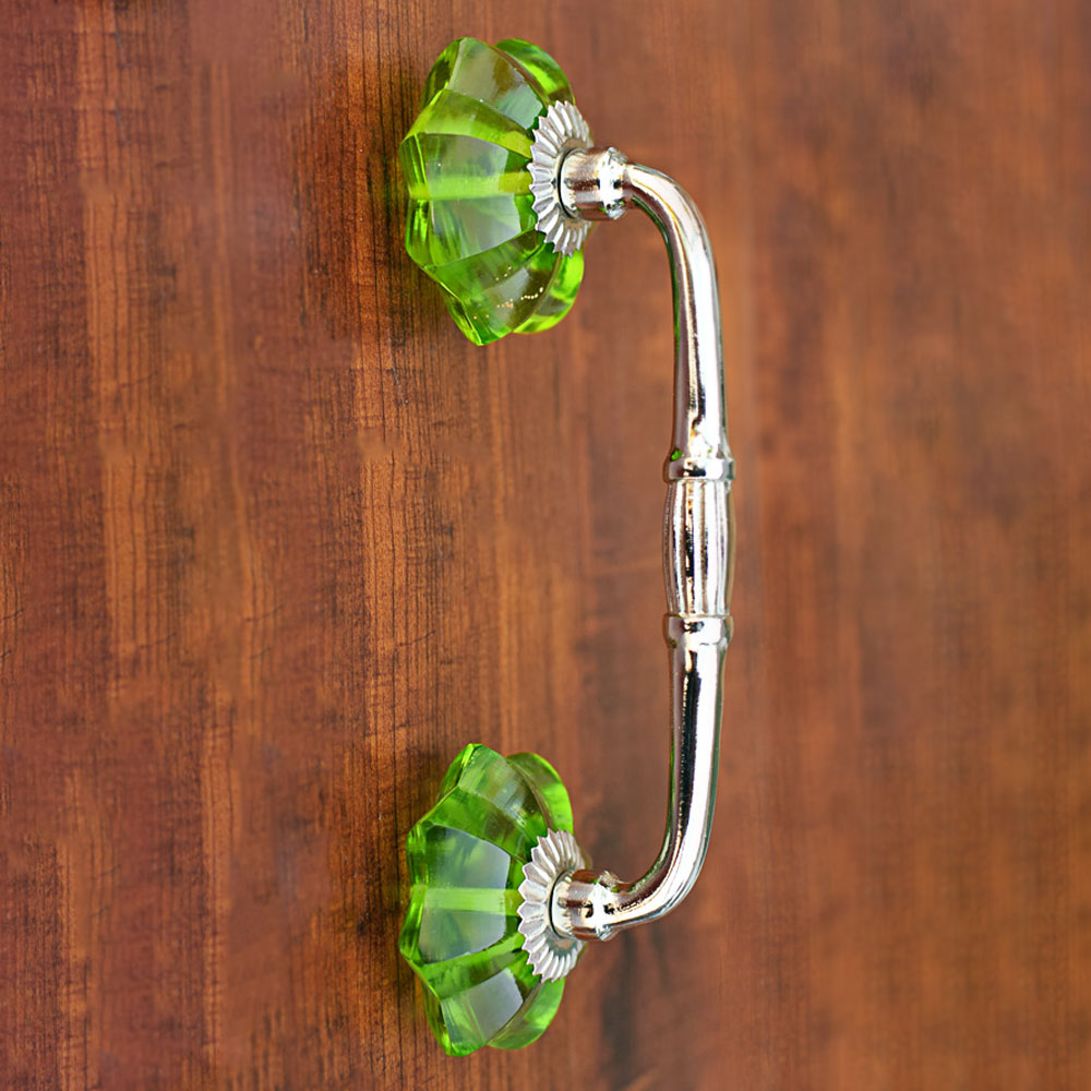 Limpopo Green Glass Knob Silver Cupboard Door Handle and Pull