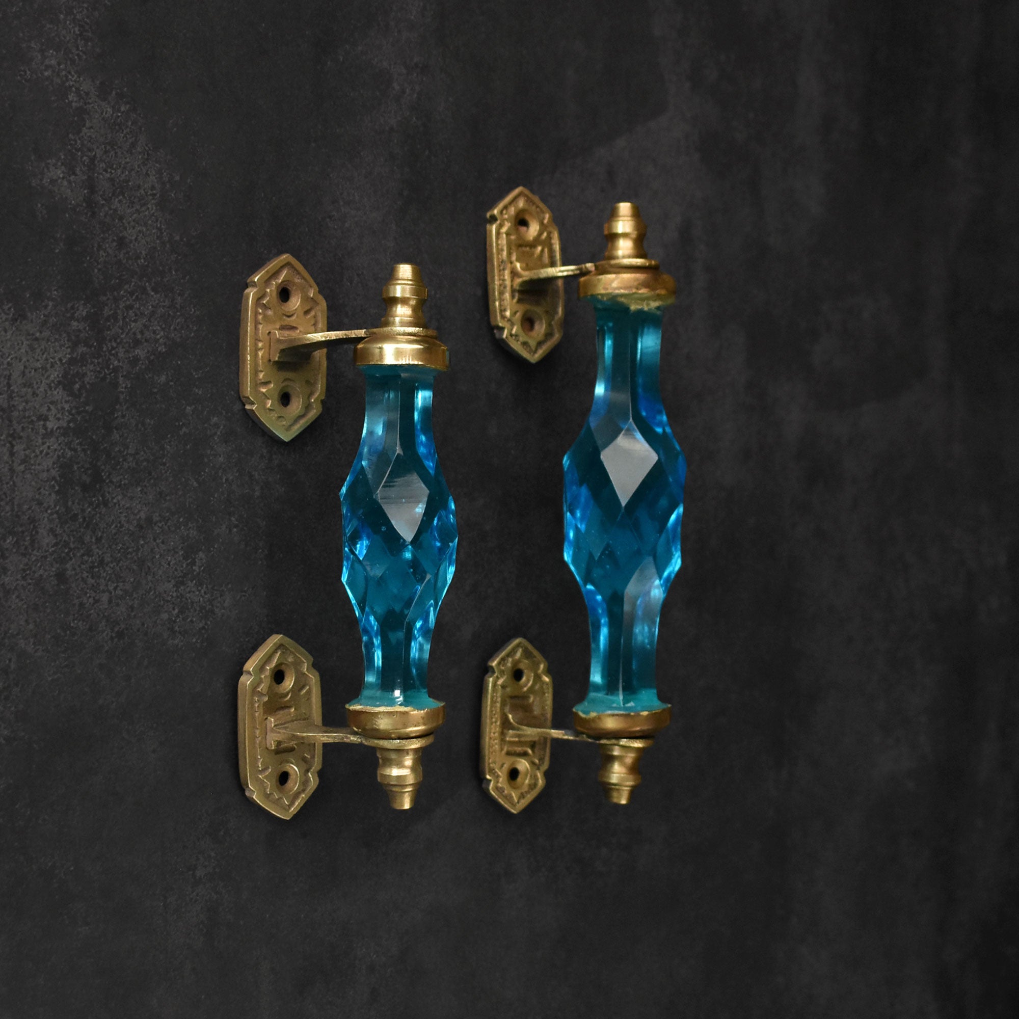 Aktobe Blue Glass Brass Cabinet and Drawer Handle