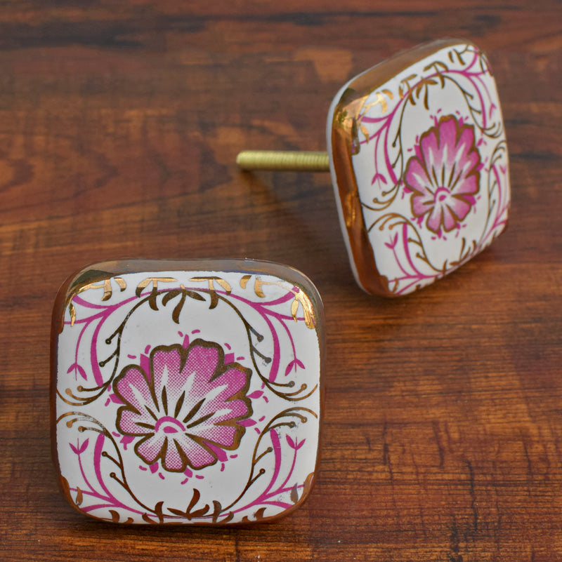 Malati Gold Pink Floral Ceramic Dresser Drawer Knob