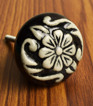 Pimpernel Intricate Flower Black Ceramic Dresser Knob