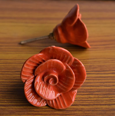 Gilded Rosette Red Flower Ceramic Cabinet Drawer Knob