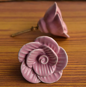 Gilded Rosette Pink Flower Ceramic Cabinet Drawer Knob