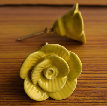 Gilded Rosette Yellow Flower Ceramic Cabinet Drawer Knob