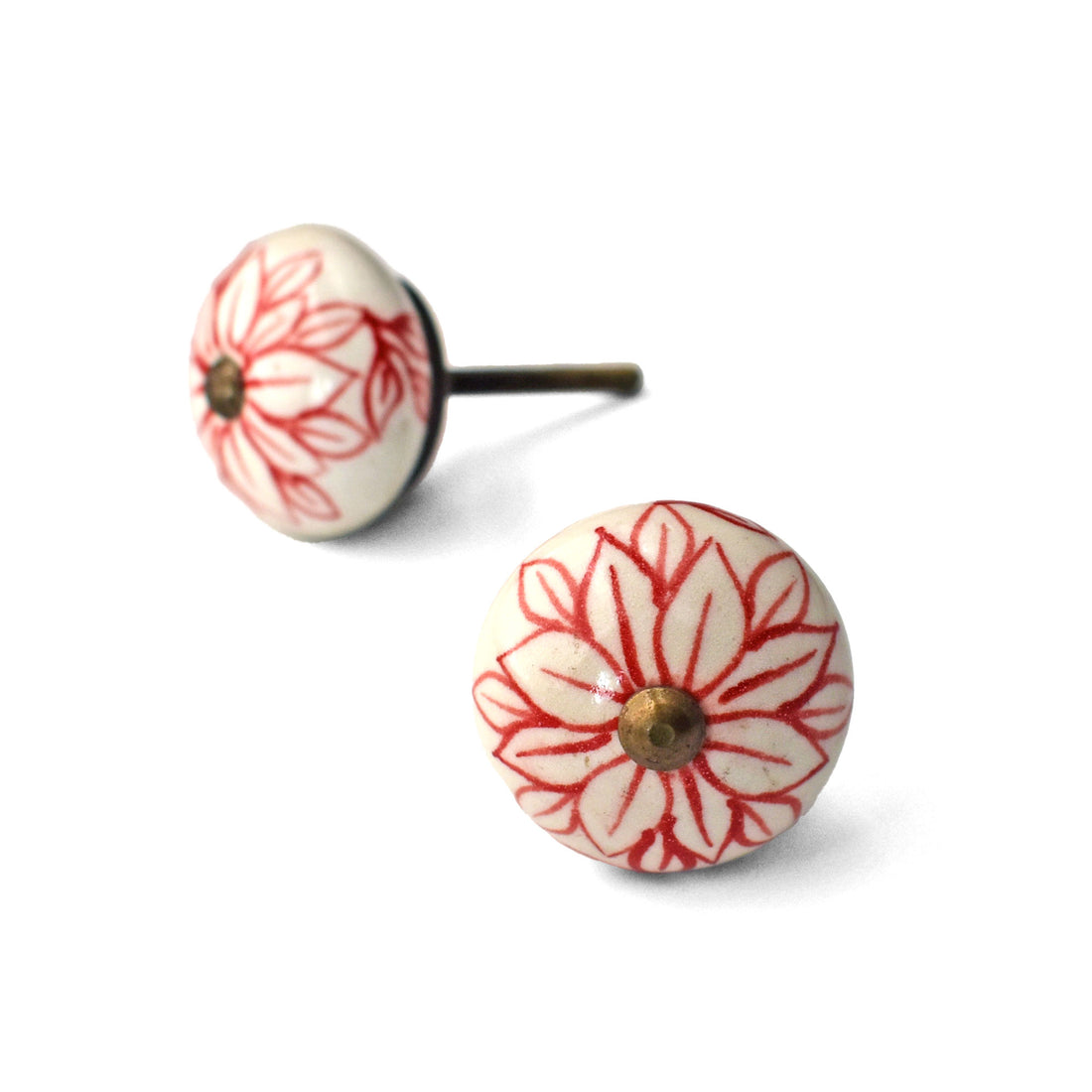 Zellige Red Floral Ceramic Kitchen Cabinet Knob Pull