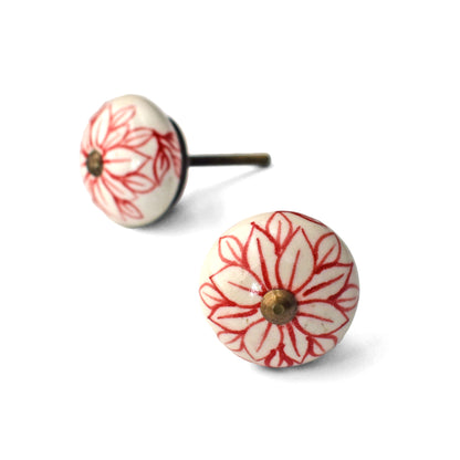 Zellige Red Floral Ceramic Kitchen Cabinet Knob Pull