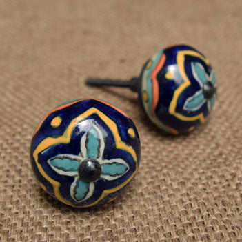 Ziro Blue and Yellow Ceramic Cupboard Door Knob