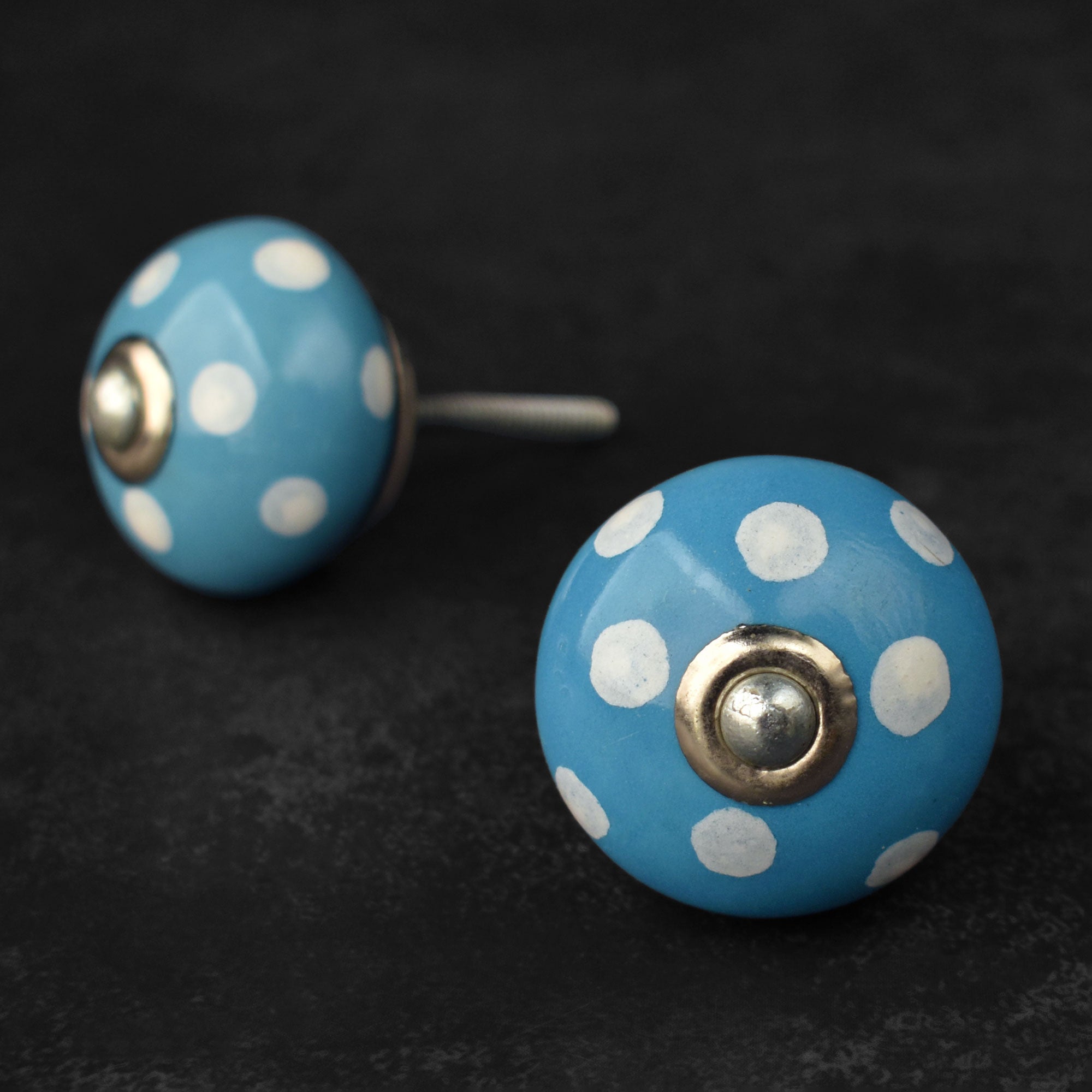 Polka Perfect White and Blue Ceramic Cupboard Door Knob