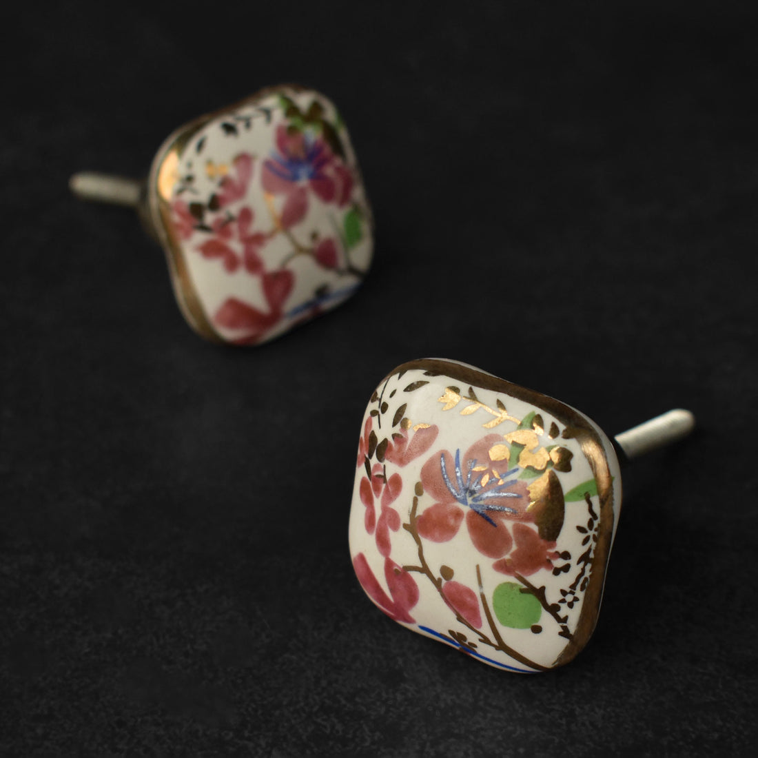 Pink Blossom Gold Ceramic Cupboard and Cabinet Door Knob