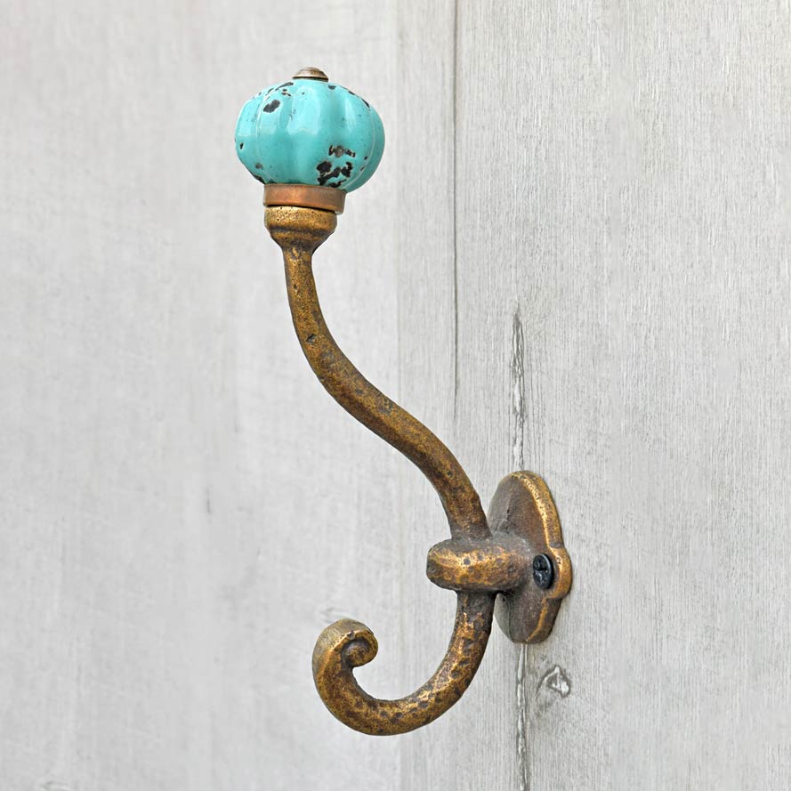 Volos Cast Iron Turquoise Ceramic Knob Coat Wall Hook