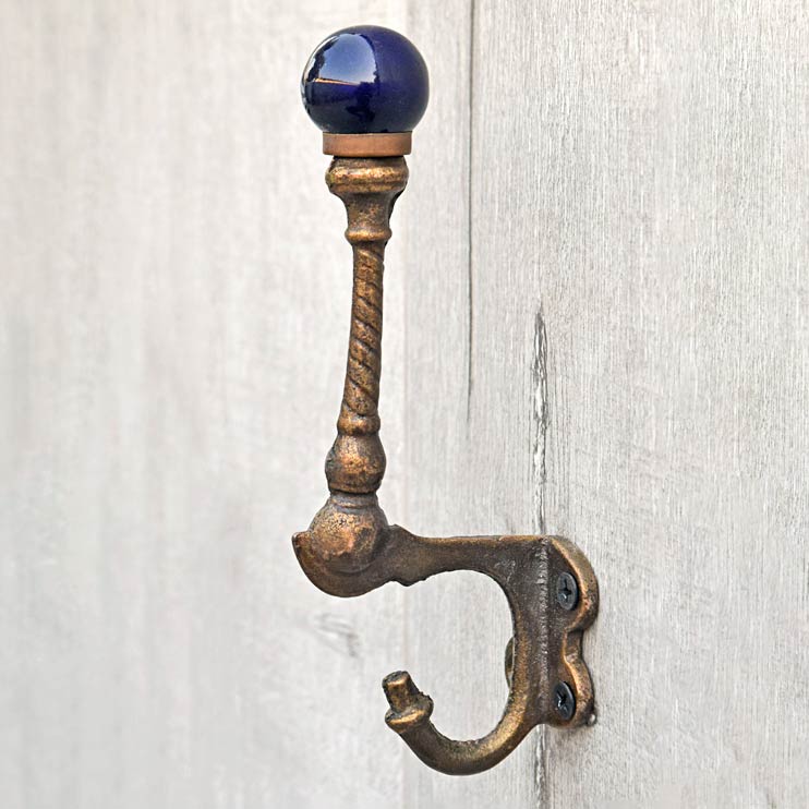 Seles Cast Iron Navy Blue Ceramic Knob Coat Wall Hook