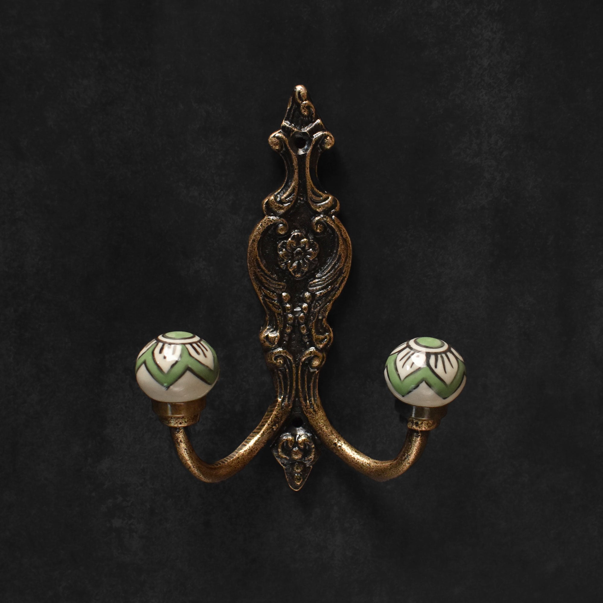 Aberdeen Cast Iron Green White Ceramic Double Wall Hook