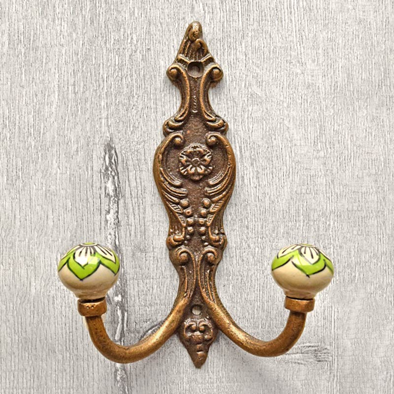 Aberdeen Cast Iron Green White Ceramic Double Wall Hook