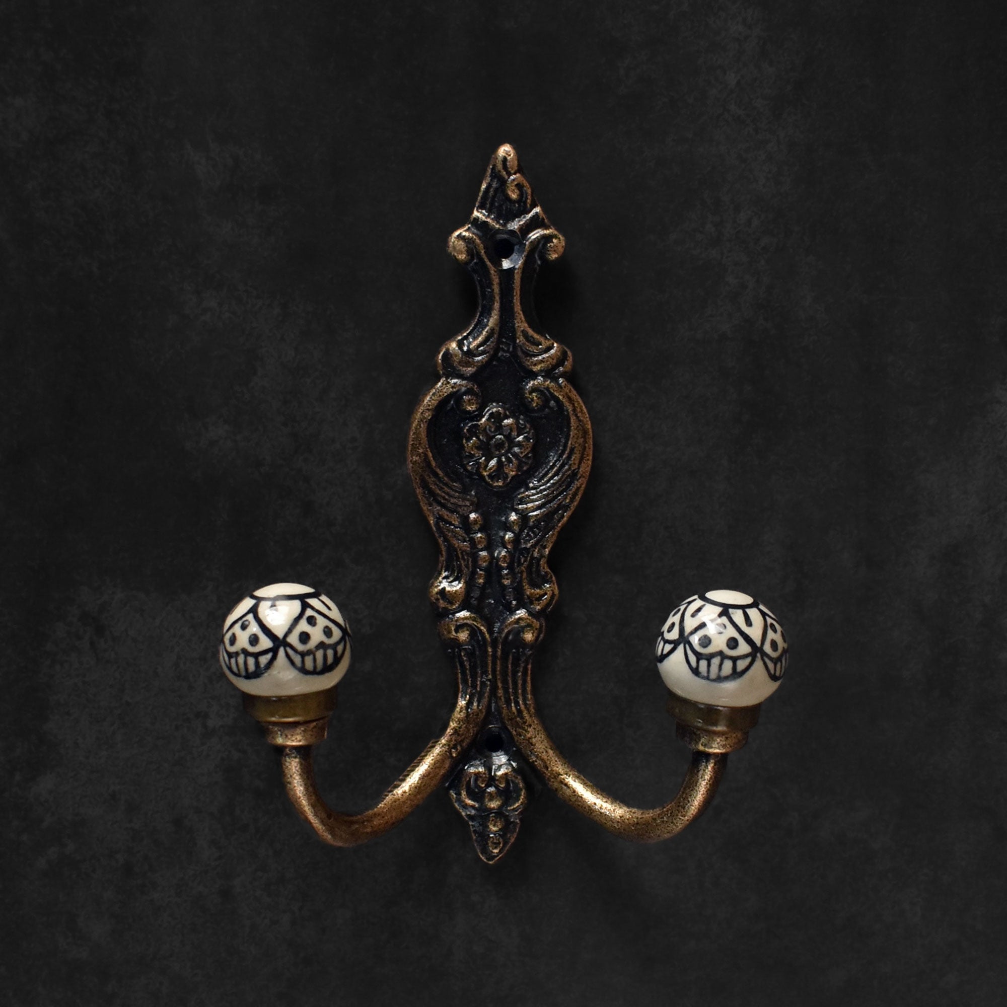 Aberdeen Cast Iron Black White Ceramic Double Wall Hook