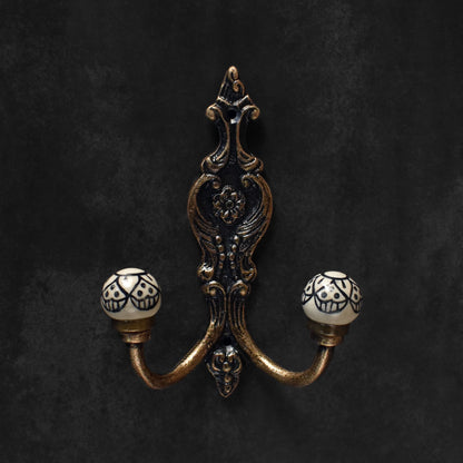 Aberdeen Cast Iron Black White Ceramic Double Wall Hook