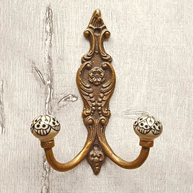 Aberdeen Cast Iron Black White Ceramic Double Wall Hook