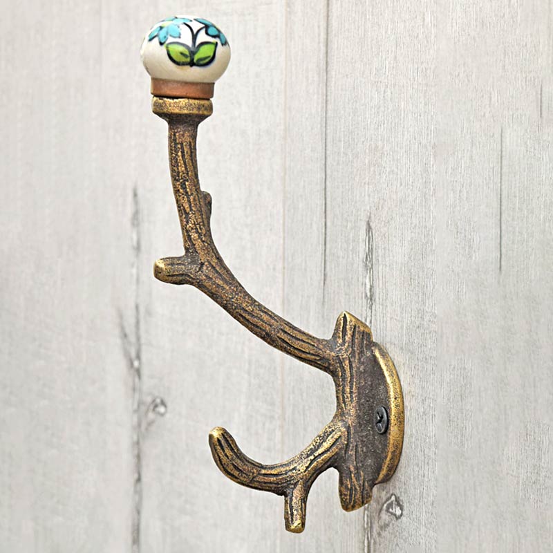 Sequoia Cast Iron Green Floral Ceramic Knob Coat Wall Hook