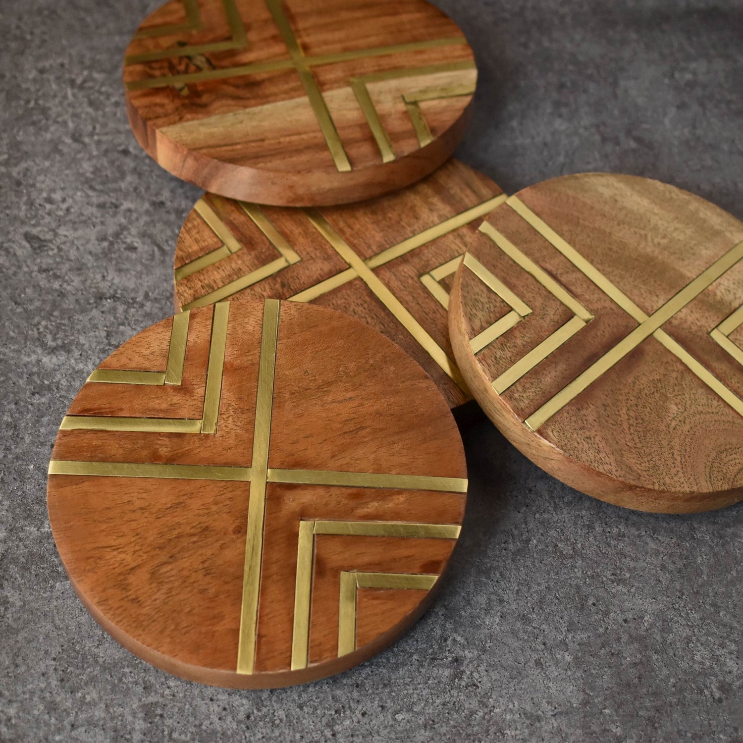 Selene Wood Brass Coasters Set of 4