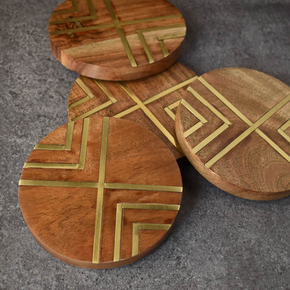 Selene Wood Brass Coasters Set of 4